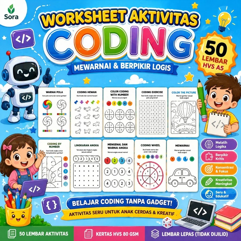 Jual 50 Lembar kertas mewarnai worksheet coding aktivitas pertamaku ...