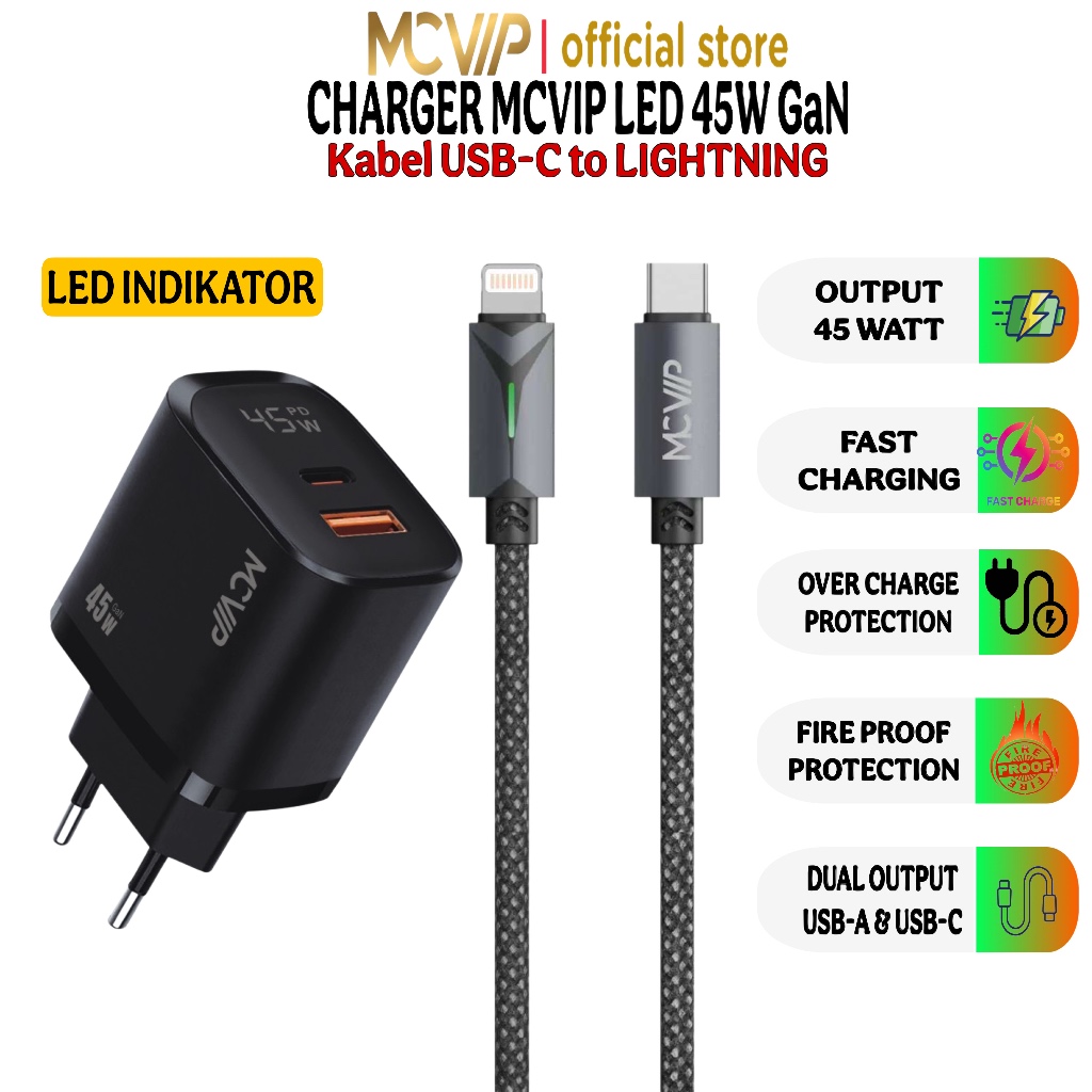 Jual MCVIP GaN Charger 45W with LED Display USB-C to Lightning / USB-C ...