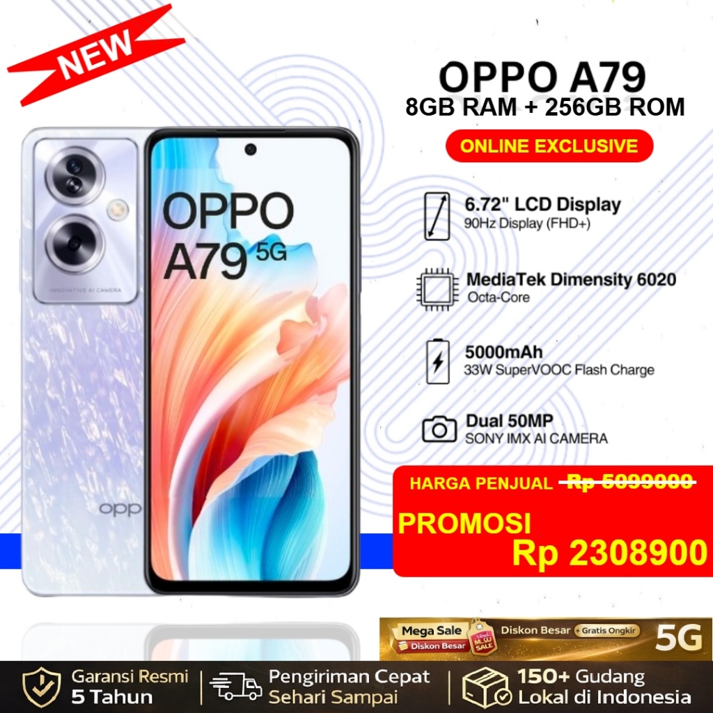 Oppo A79 | (8GB RAM + 256GB ROM) (5G) | Kamera 50MP | Bateri 5000mAh | Dimensi 6020 | Paparan 6.72" FHD+ 90Hz