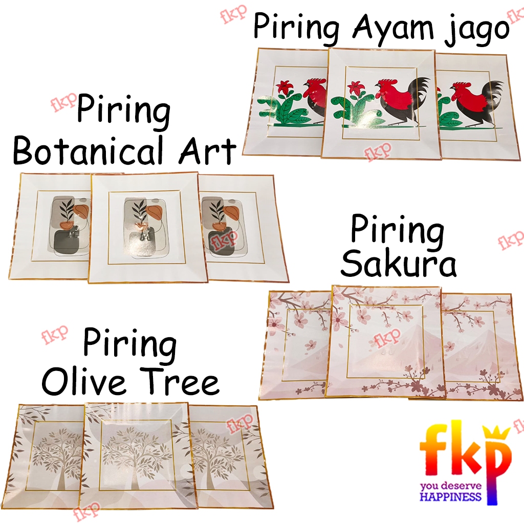 FUN KIDS PARTY Piring Kue Kertas Gold Emas Silver Isi 10pcs / Piring Kue Ulang Tahun / Piring Kotak / Piring Polka / Polkadot / Piring kue ayam Jago / Piring Sakura / Piring Botanical Art / Piring Olive Tree