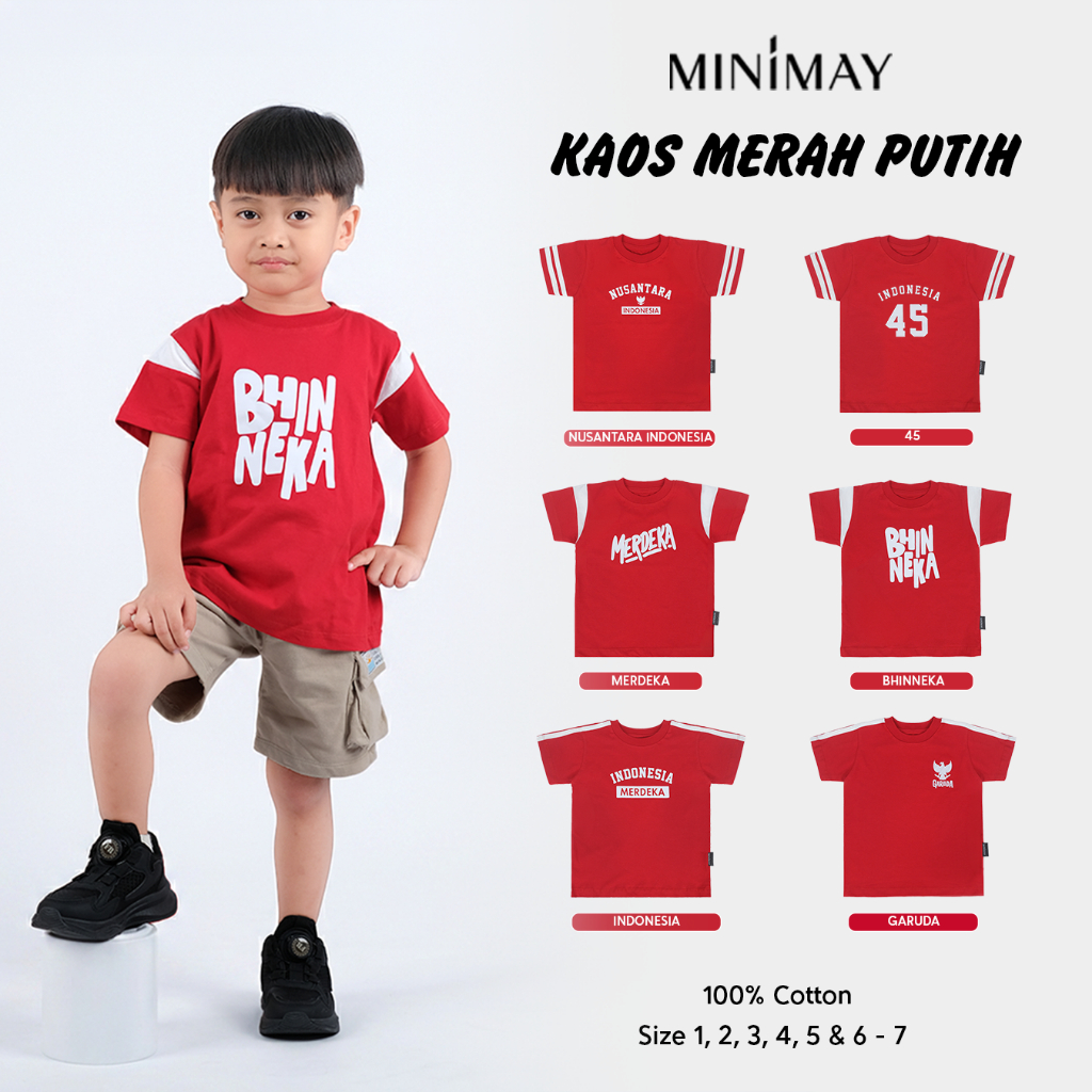 MINIMAY Kaos Anak 17 Agustus Indonesia Baju Merah Putih Kombinasi Usia 1 2 3 4 5 6 7 Tahun