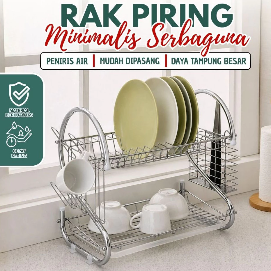 COD - Rak Piring Stainless Steel 2 Susun Tingkat Minimalis / Cuci Pengering Mangkuk Wastafel Peralatan Penyimpanan Dapur |V1A1