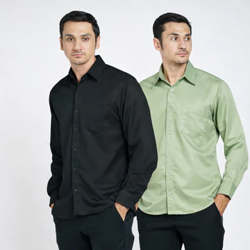 Paket 2 Pcs Cuma 90Ribu Kemeja Pria Premium Polos Lengan Panjang Baju Kerja Slimfit Hitam Putih