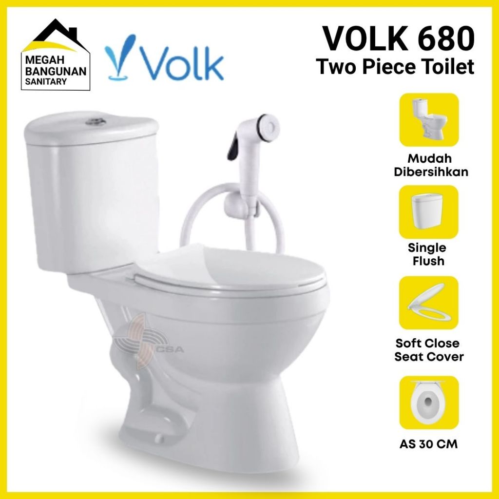VOLK 680 FREE Jet Shower Closet Duduk Two Piece Toilet Closet Duduk AS 3O CM Kloset Duduk Kamar Mandi Single Flush