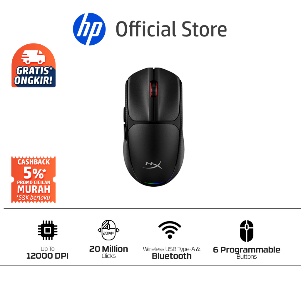 HyperX Mouse Gaming Pulsefire Fuse Wireless - Black 12000 DPI 6 Buttons LED RGB Lighting Lightweight Ergonomic Original Promo Cicilan Murah Non Silent
