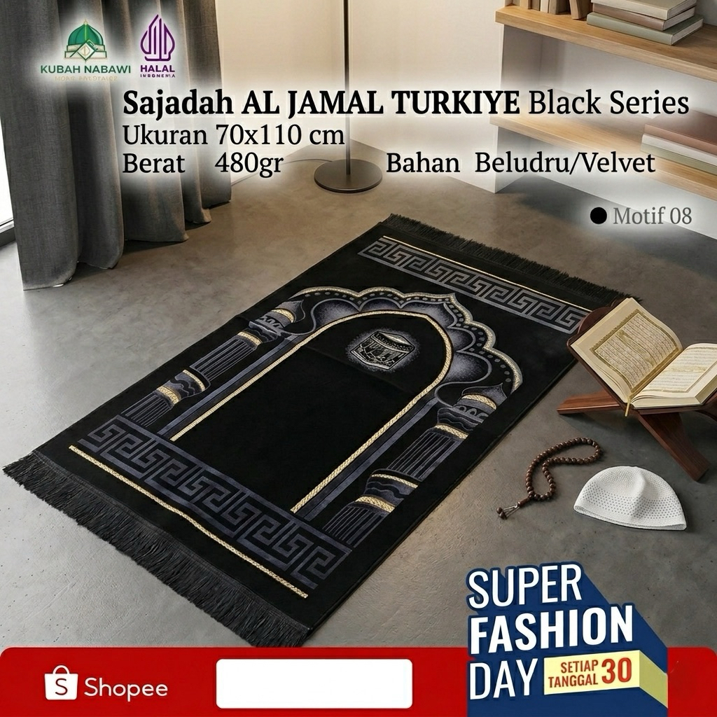 AL JAMAL TURKIYE 70x110cm Black Series Dewasa | Sajadah Turki Jumbo Tebal Empuk Premium Kado |Couple