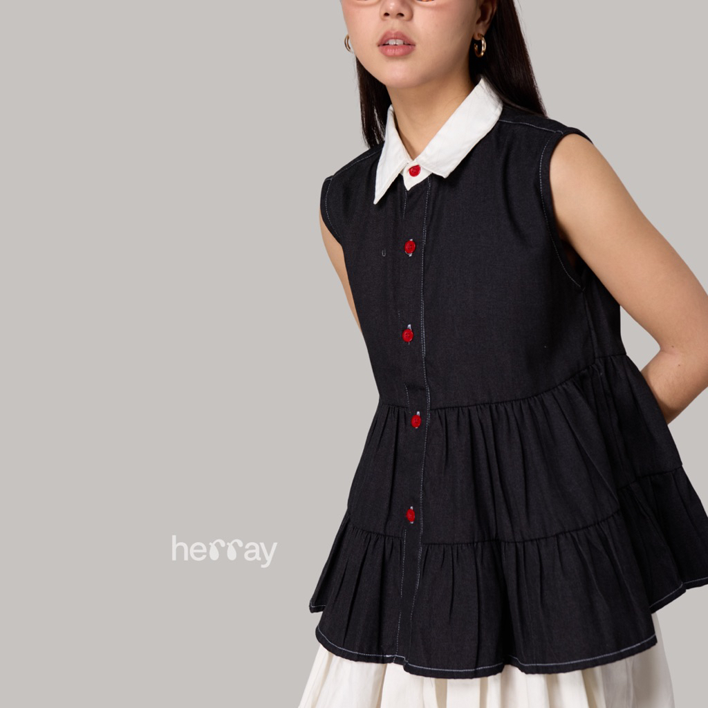 Jual Blouse Ruffle Denim Hitam -Summer - HerRay | Shopee Indonesia
