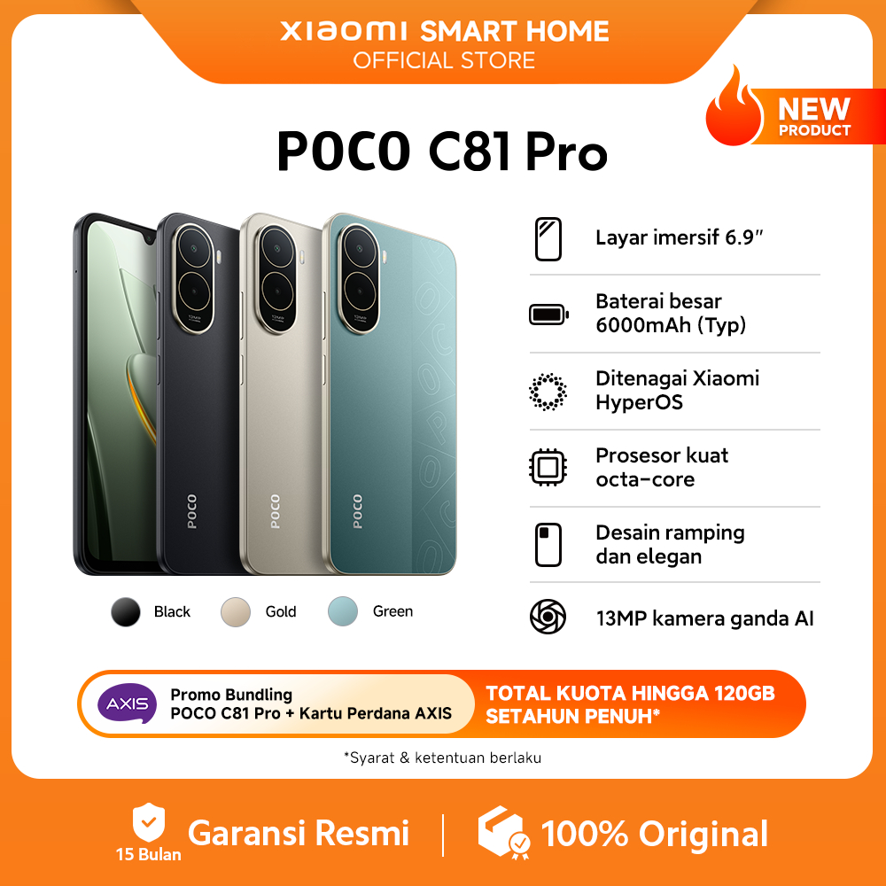 POCO C81 Pro (4GB/128G) (4GB/64GB) | Layar imersif 6.9" | Baterai besar 6000mAh (Typ) | Ditenagai Xiaomi HyperOS | Prosesor kuat octa-core | Desain ramping dan elegan | 13MP kamera ganda AI | HP 1 Jutaan [Xiaomi Official Store]