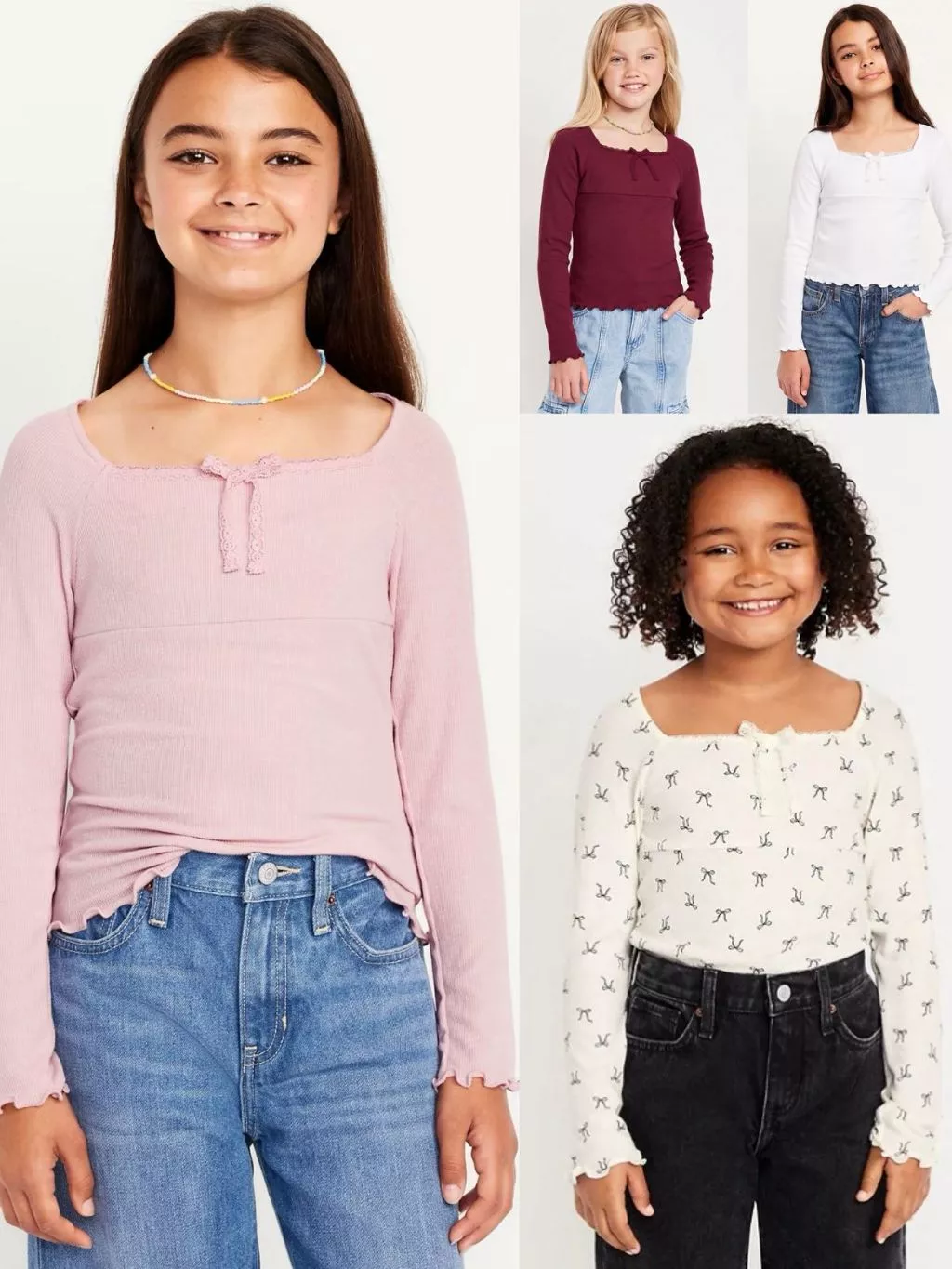 Atasan Lengan Panjang Anak Junior Remaja OLN Fitted Long-Sleeve Lace-Tie Ribbed T-Shirt for Girls - 2390