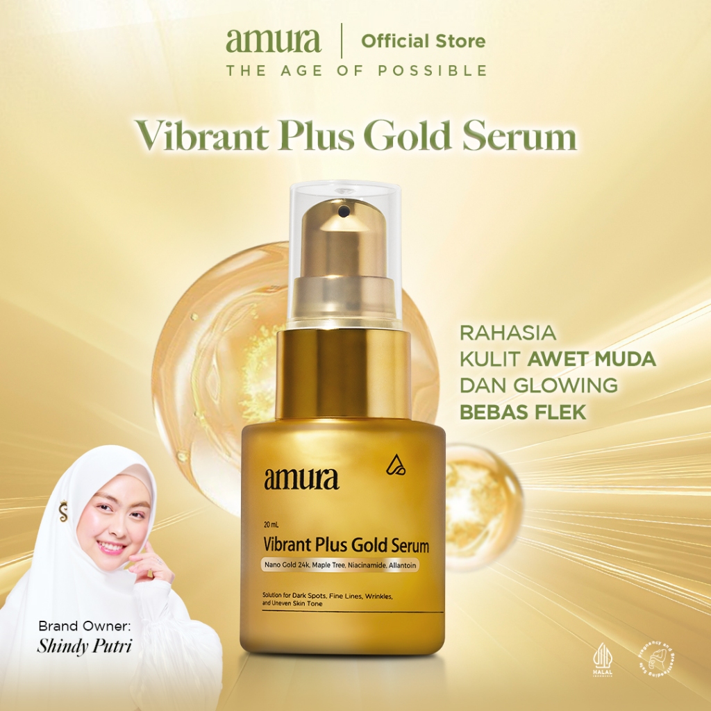 Amura Vibrant Plus Gold Serum 20ml | Serum Mencerahkan Wajah Menyamarkan Flek Hitam Kerutan Garis Halus