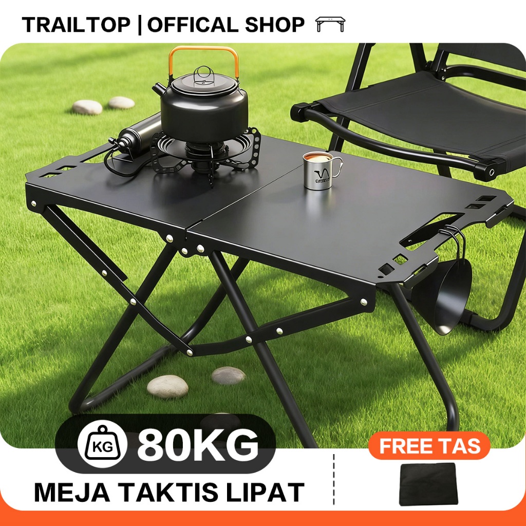 TrailTop Meja Camping Lipat Portable Meja Outdoor Taktis Baja Karbon Kuat 80KG Bonus Tas
