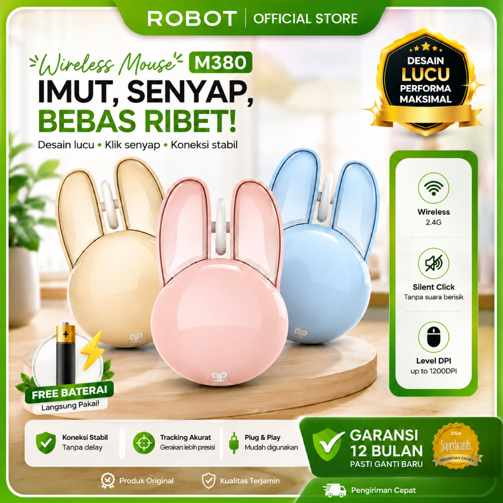 Jual ROBOT M380 Mouse Wireless Silent Key 1200 Dpi Rabbit Design ...
