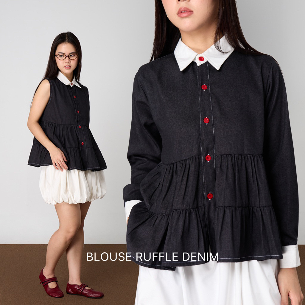 Jual Blouse Ruffle Denim Hitam -Summer - HerRay | Shopee Indonesia