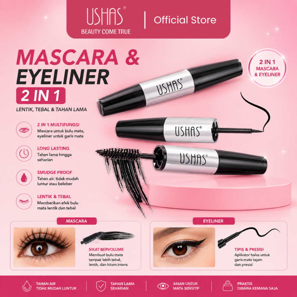 Jual USHAS MASCARA & EYELINER 2IN1 WATERPROOF (MASCARA DAN EYE LINER 2 ...