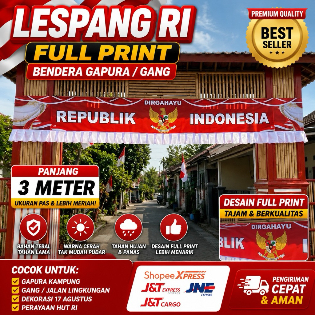 Lespang RI Full Print 3 Meter Bendera Gapura Gang  17 Agustus Dirgahayu Republik Indonesia Hiasan Kampung Premium