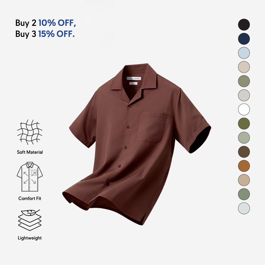[BUNDLING] TENUE Kemeja Polos Camp Collar Lengan Pendek - CREMA - Maroon