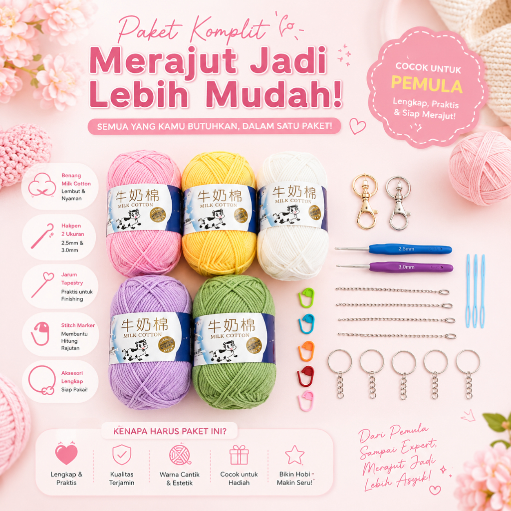 Jual MADEBYBULAT - (PAKET A) BENANG DAN ALAT RAJUT KIT UNTUK PEMULA ...