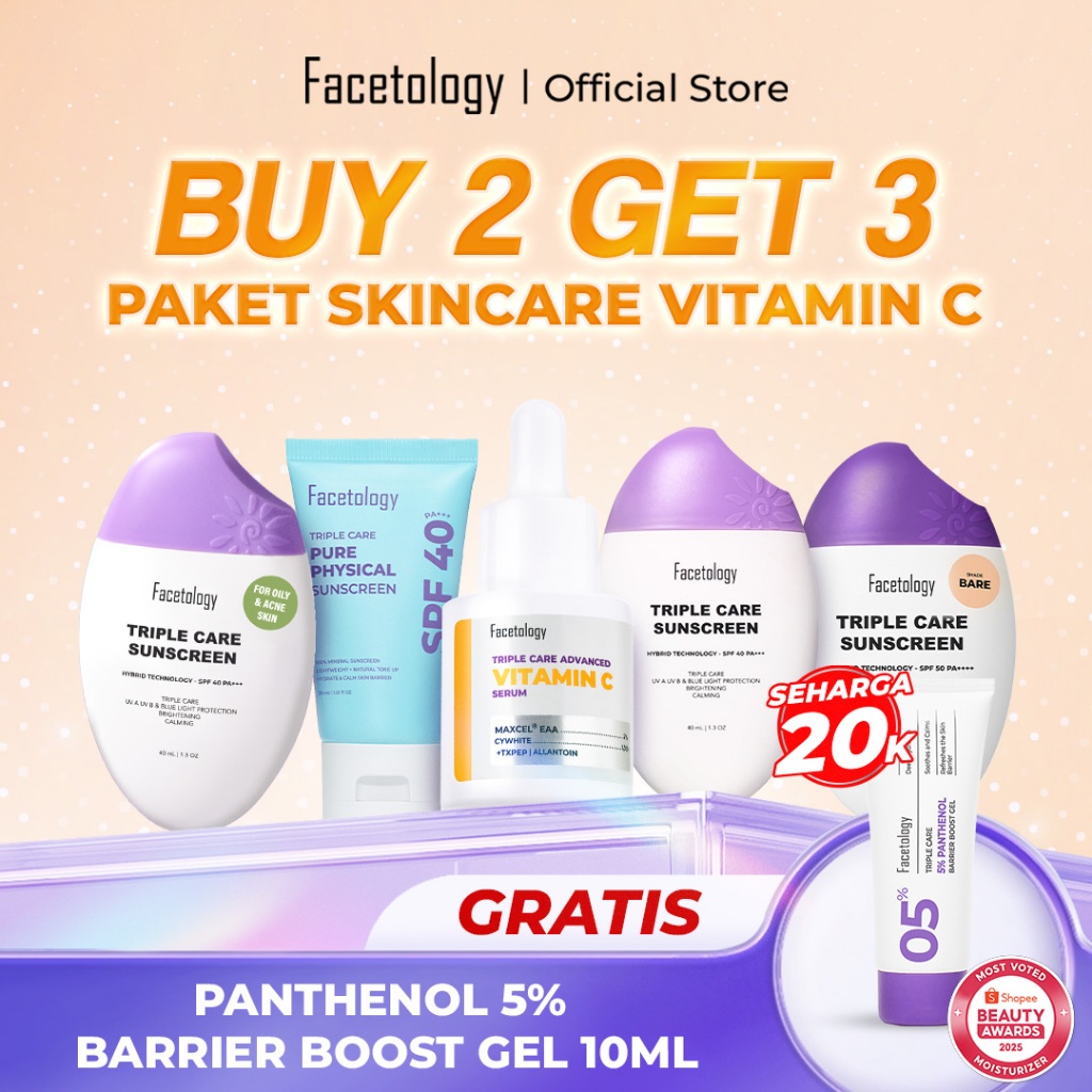Paket Skincare Vitamin C Buy 2 get 3, Serum + Sunscreen + Moisturizer, cerah, sensitif, kulit kering, berminyak , SPF 40 physical sunscreen, tinted sunscreen Get moisturizer panthenol 5% 10ml