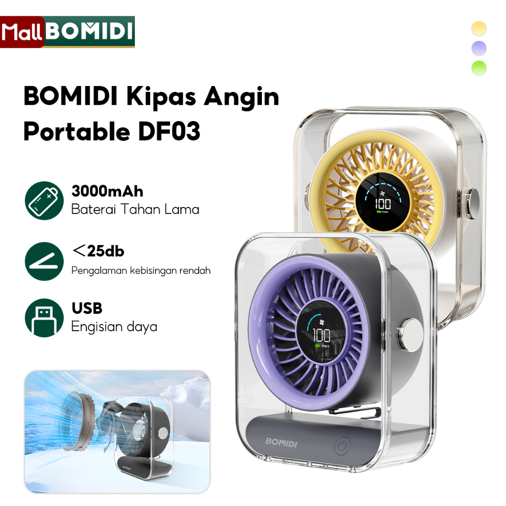 BOMIDI Kipas Angin Meja Portable DF03 Peredam Bising Mini Peredam Bising Portabel yang Dapat Diisi Ulang Kipas Kecepatan Tinggi Kipas Angin