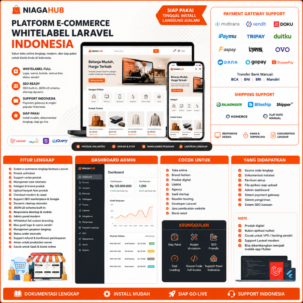 Bikin Website Jualan Sendiri – NIAGAHUB – PLATFORM E-COMMERCE WHITELABEL LARAVEL INDONESIA , PENGGANTI SHOPEE, PAYMENT GATEWAY, TRIPAY, DOKU , PENGIRIMAN RAJAONGKIR DLL, AI BYOK