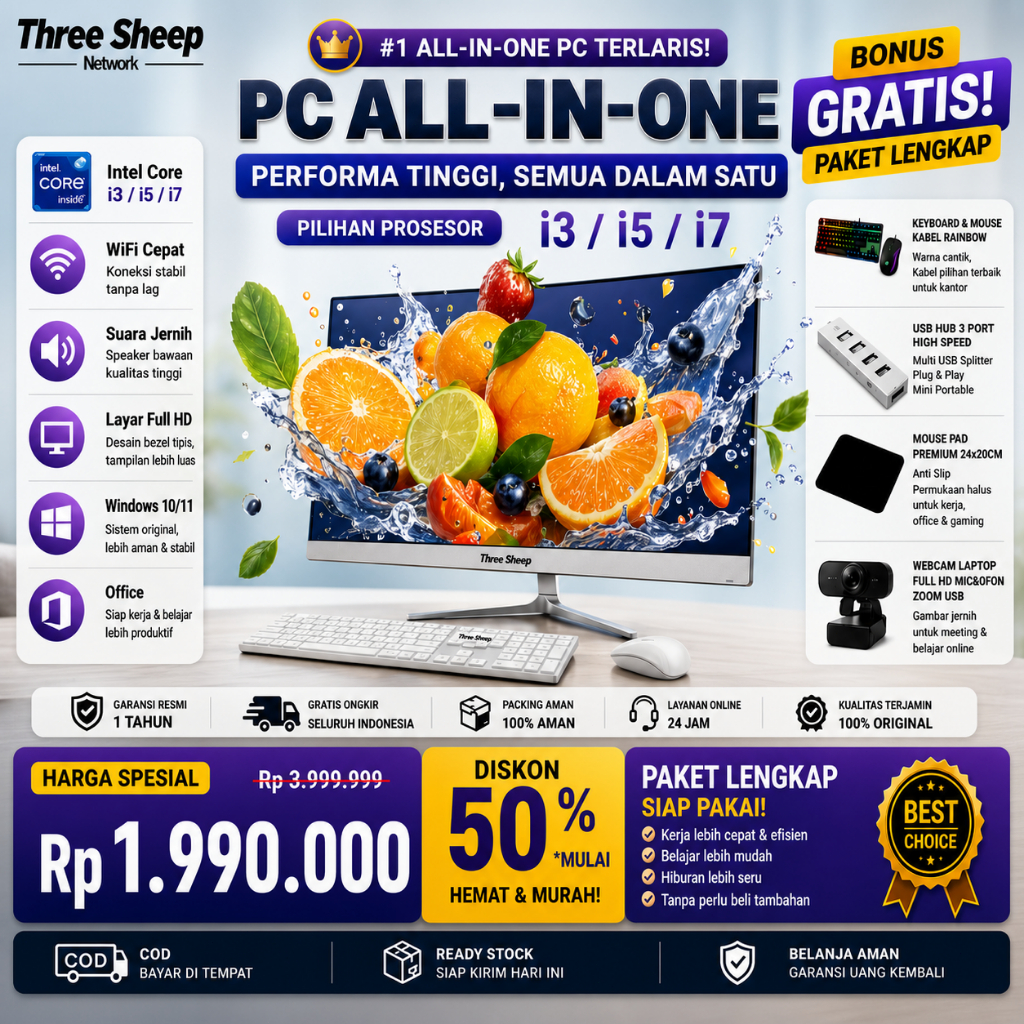Three Sheep Network Komputer All in one PC gaming full set baru Core Intel i3/i5/i7 RAM 8G/16G+SSD 1TB/512GB/256G Desktop PC 27/24/22/19Inch Computer WiFi/Bluetooth Windows10/11 Gratis Keyboard dan Mouse Dapat dipilih,Garansi 5 Tahun