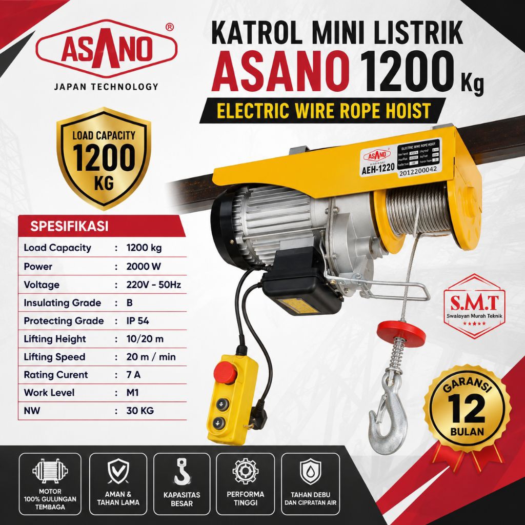 Jual Katrol Listrik 1200Kg 20Meter ASANO 1220 Sling 20 Meter Wire Rope ...