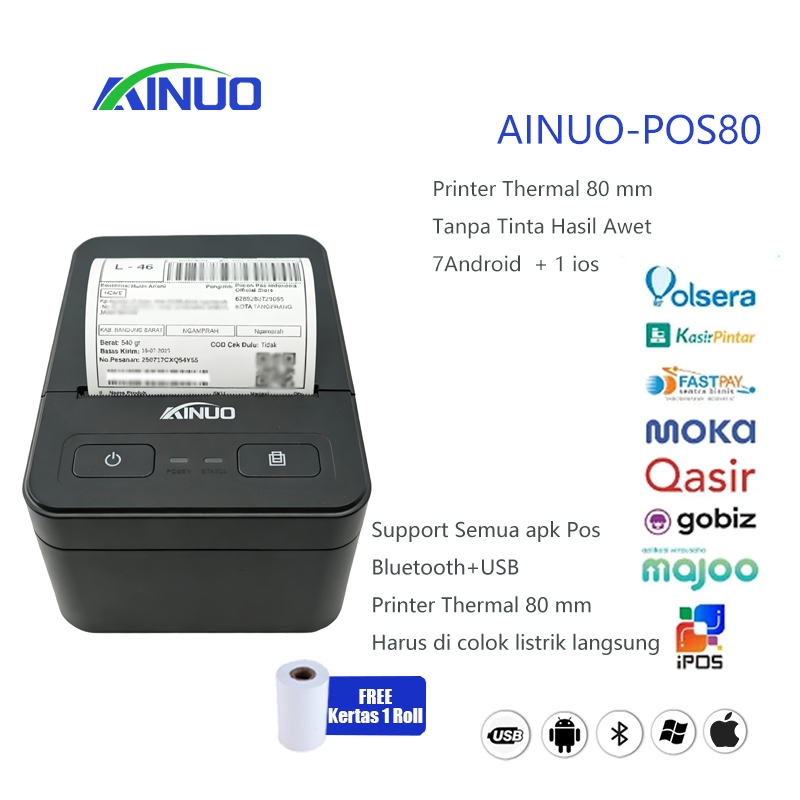 Jual AINUO Printer Thermal Bluetooth 80MM CETAK RESI DARI SUPPORT MOKA ...