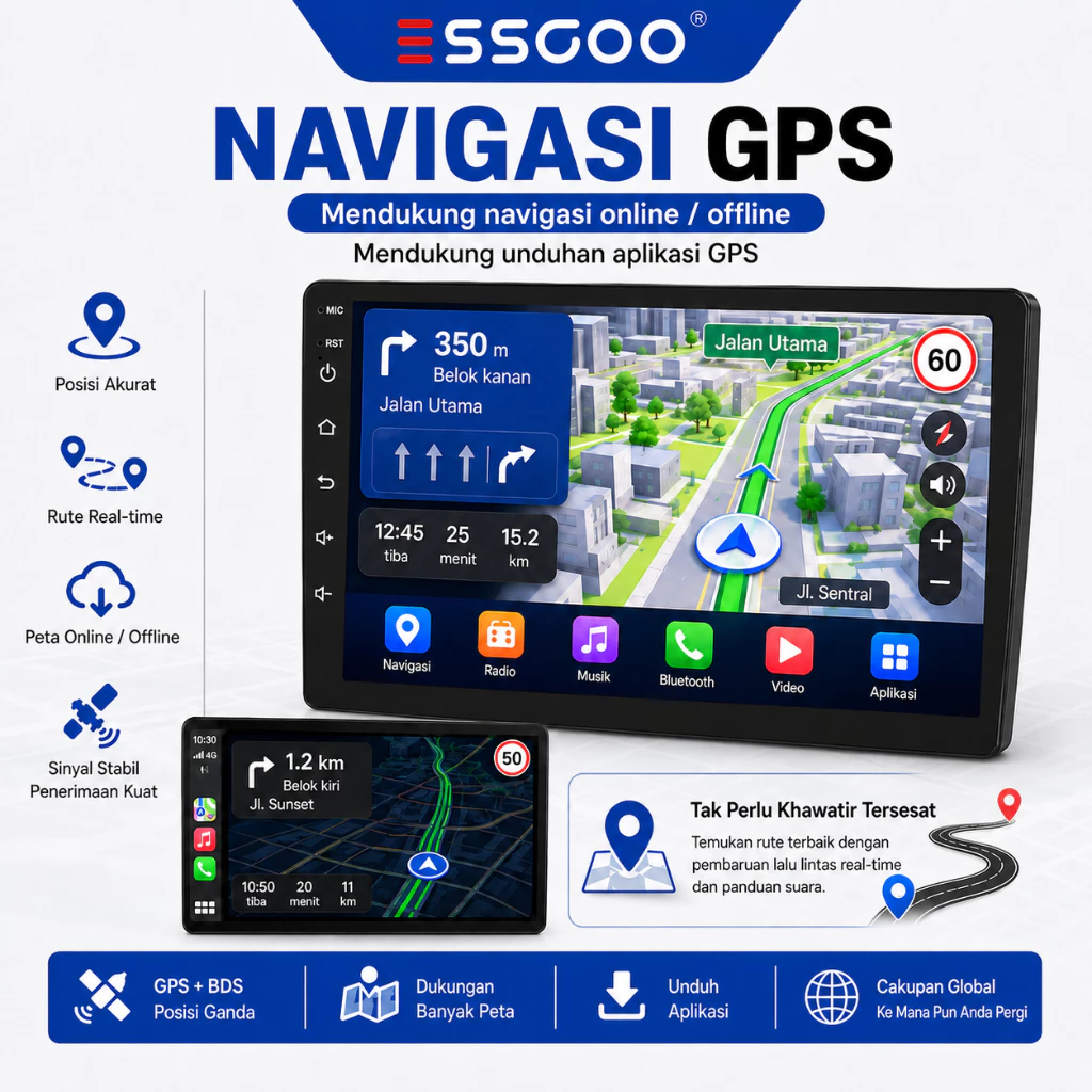 Tampilan navigasi online dan offline pada head unit ESSGOO