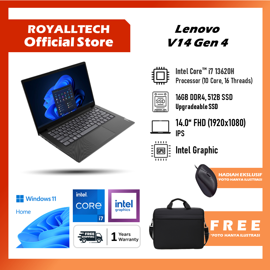 Lenovo V14 Gen 4 Intel i7 13620H - Ram 16GB Storage 512GB SSD Windows 11 Home 14.0 Inch Full HD Panel IPS