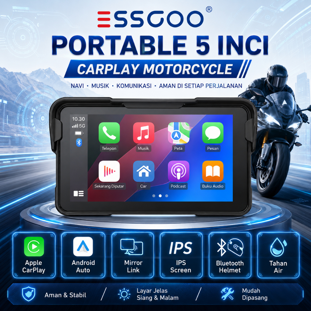 Jual ESSGOO 5 Inch Player Motor Wireless CarPlay Android Auto IP67 Anti ...