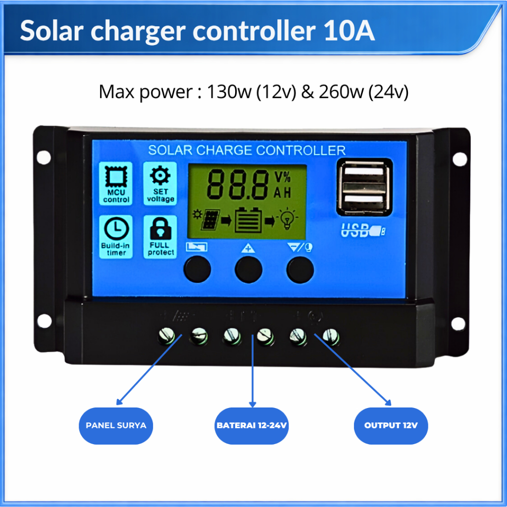 Jual Solar Charger Controller 10A Panel Surya Charger 12-24V 2 USB ...
