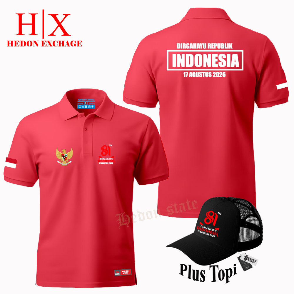 Plus Topi - Poloshirt Pendek Hut RI Ke 81 Dirgahayu Republik Indonesia Baju Kemerdekaan 17 Agustus 2026 Kaos Kerah Seragam Pria Wanita