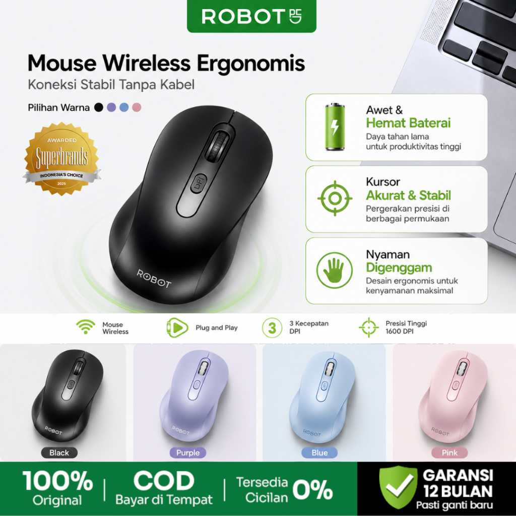 ROBOT Mouse Wireless M206 2.4G USB Receiver Tanpa Kabel Silent Click 1600 DPI Presisi Tinggi Ergonomis Nyaman Hemat Baterai Mouse Laptop PC Komputer Windows Mac Linux Original Garansi Resmi 1 Tahun