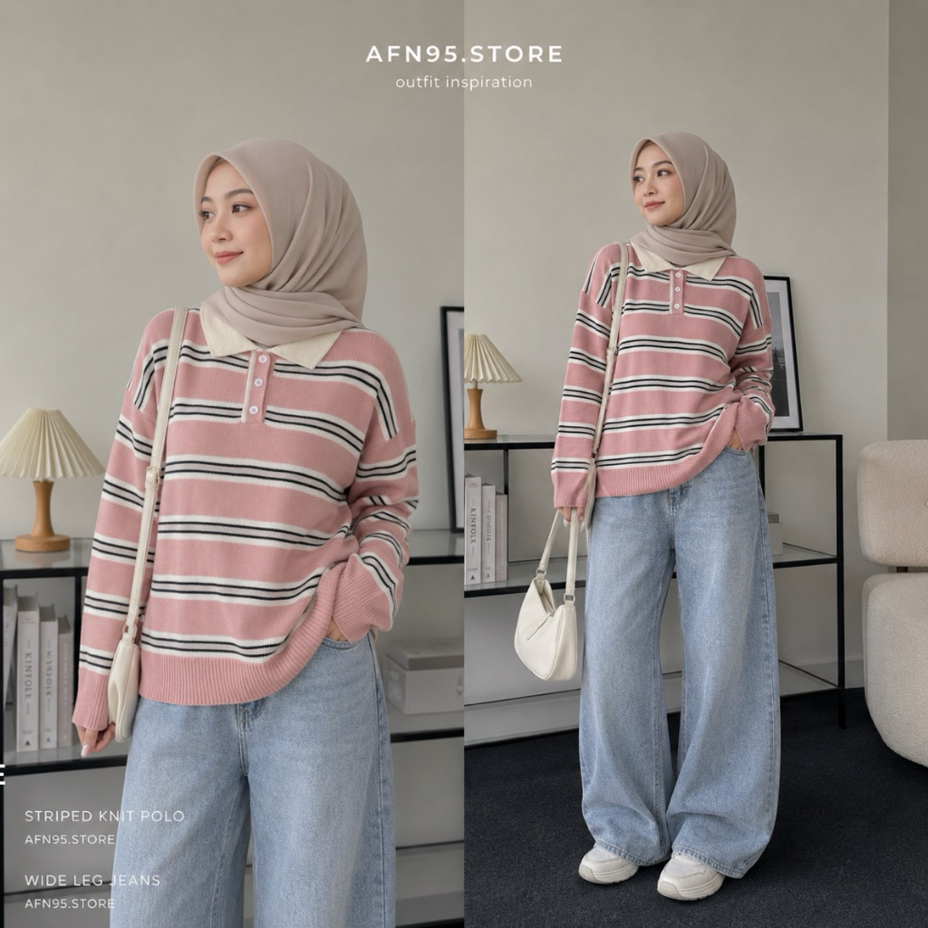 AFN95 - Melodia Blouse Stripe Knit | Baju Atasan Wanita Berkerah foto 3