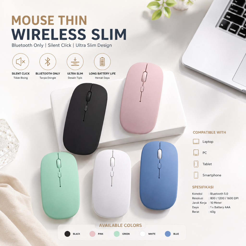 Jual Mouse Thin Wireless Slim Bluetooth Only Silent Click Full Color ...