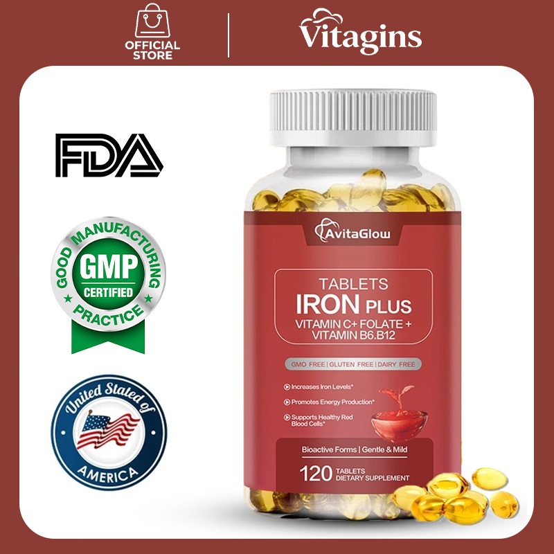 AvitaGlow Iron Plus Tablets 120 Kapsul with Vitamin C, Folate, B6 & B12 - Mendukung Kadar Zat Besi, Sel Darah Merah & Energi Tubuh