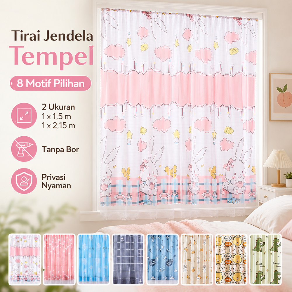 Tirai Jendela Tempel Tanpa Bor 1x1.5m / 1x2.15m untuk Kamar & Asrama Nyaman