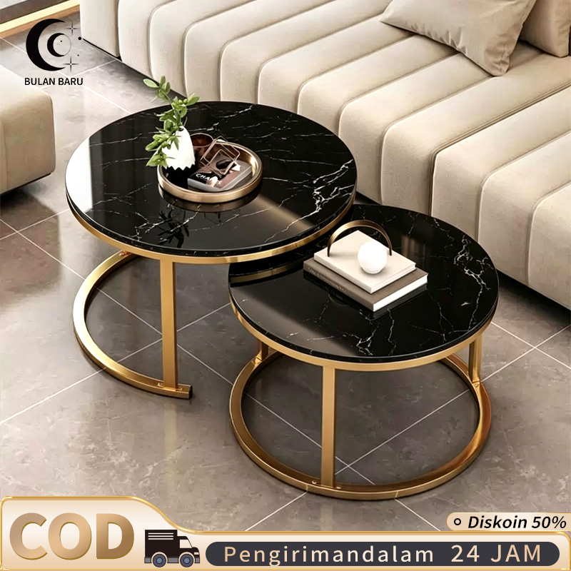 COD Meja Kopi Set Meja Ruang Tamu Minimalis Coffee Table Motif Marble Furniture Ruang Meja Kopi 2-In-1 Sederhana Rotundity Dua Potongan Set  Meja Tamu Meja Kopi Hitam