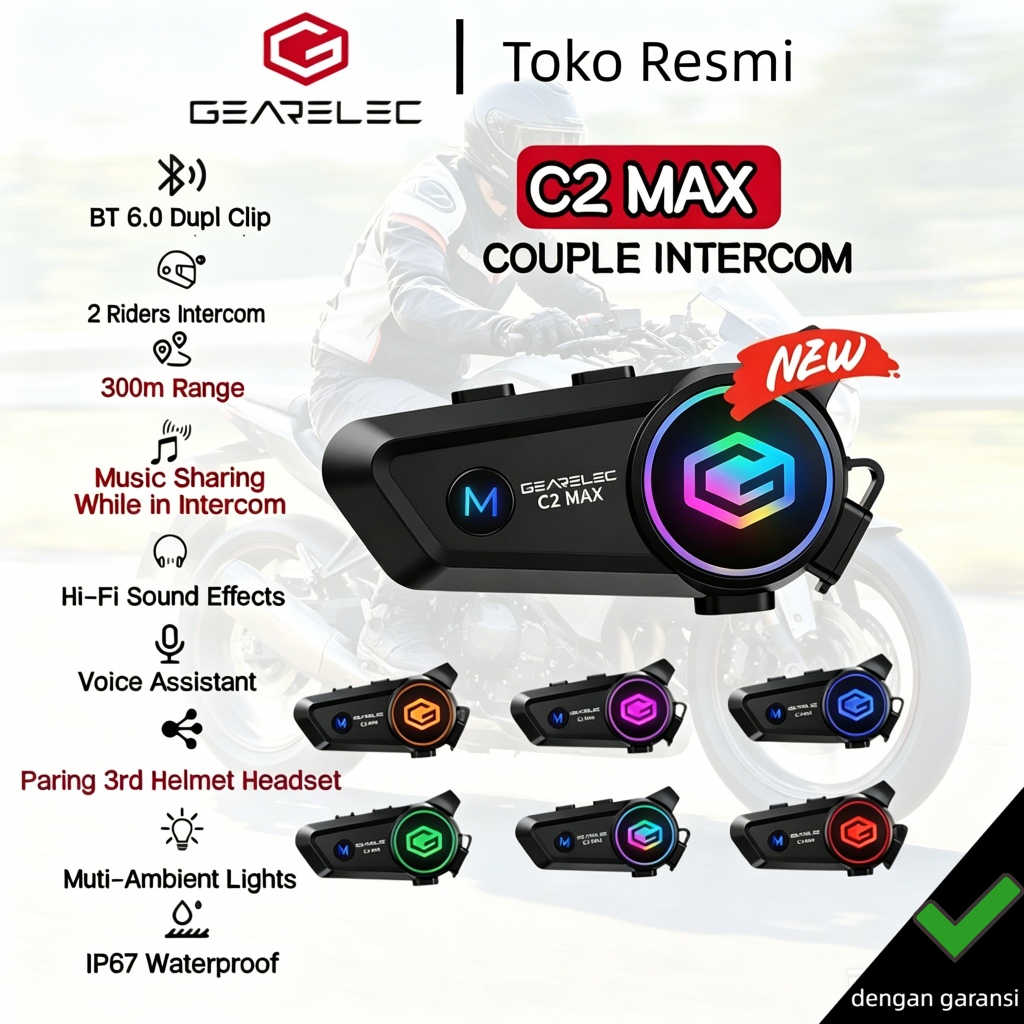 Jual GEARELEC C2 MAX Motorcycle Helmet Intercom Headset 2 Riders 300m ...