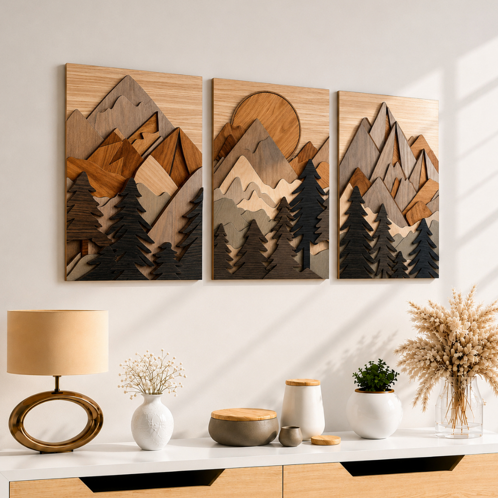 TENNESY Hiasan Dinding Mountain Wood Seni Kayu 1 Set Isi 3 Panel 20x30CM Pajangan Ruang Tamu Dekorasi Rumah