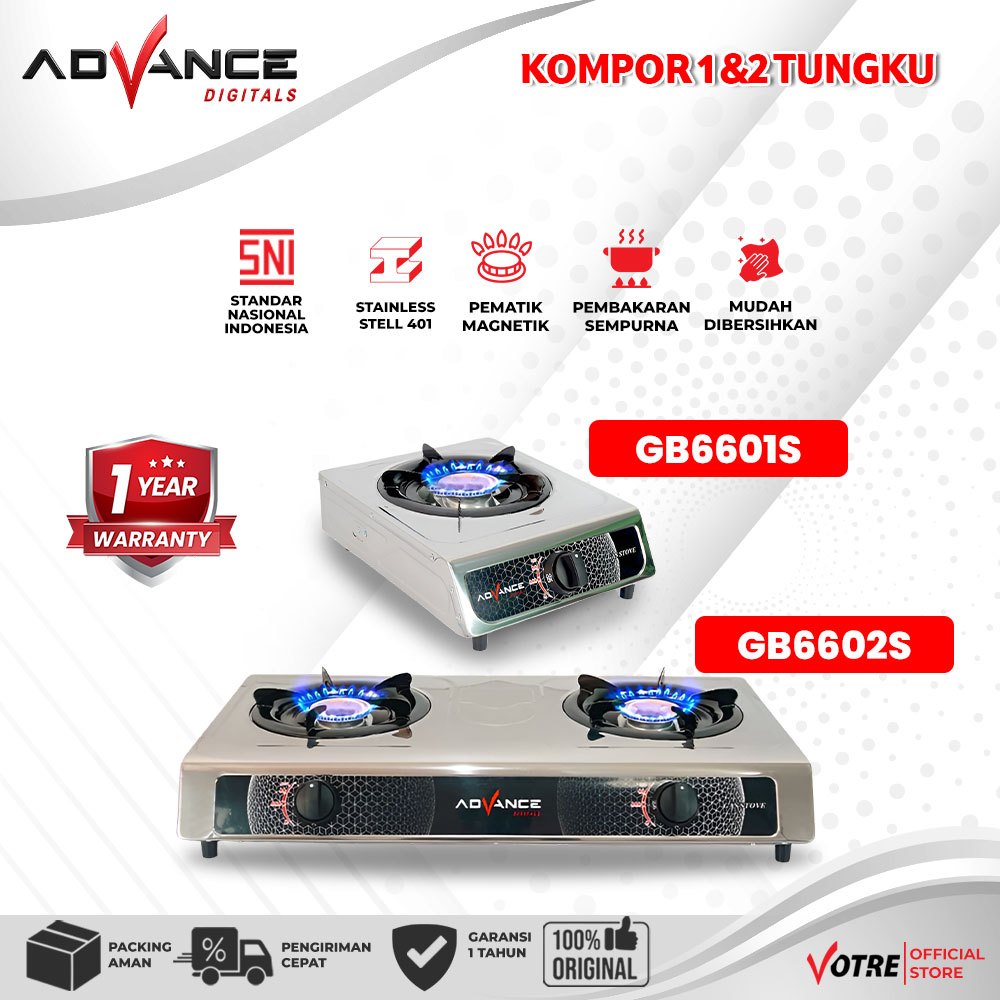 Advance Kompor Gas 2 Tungku GB6602S Body Full Stainless Steel kompor Api Biru