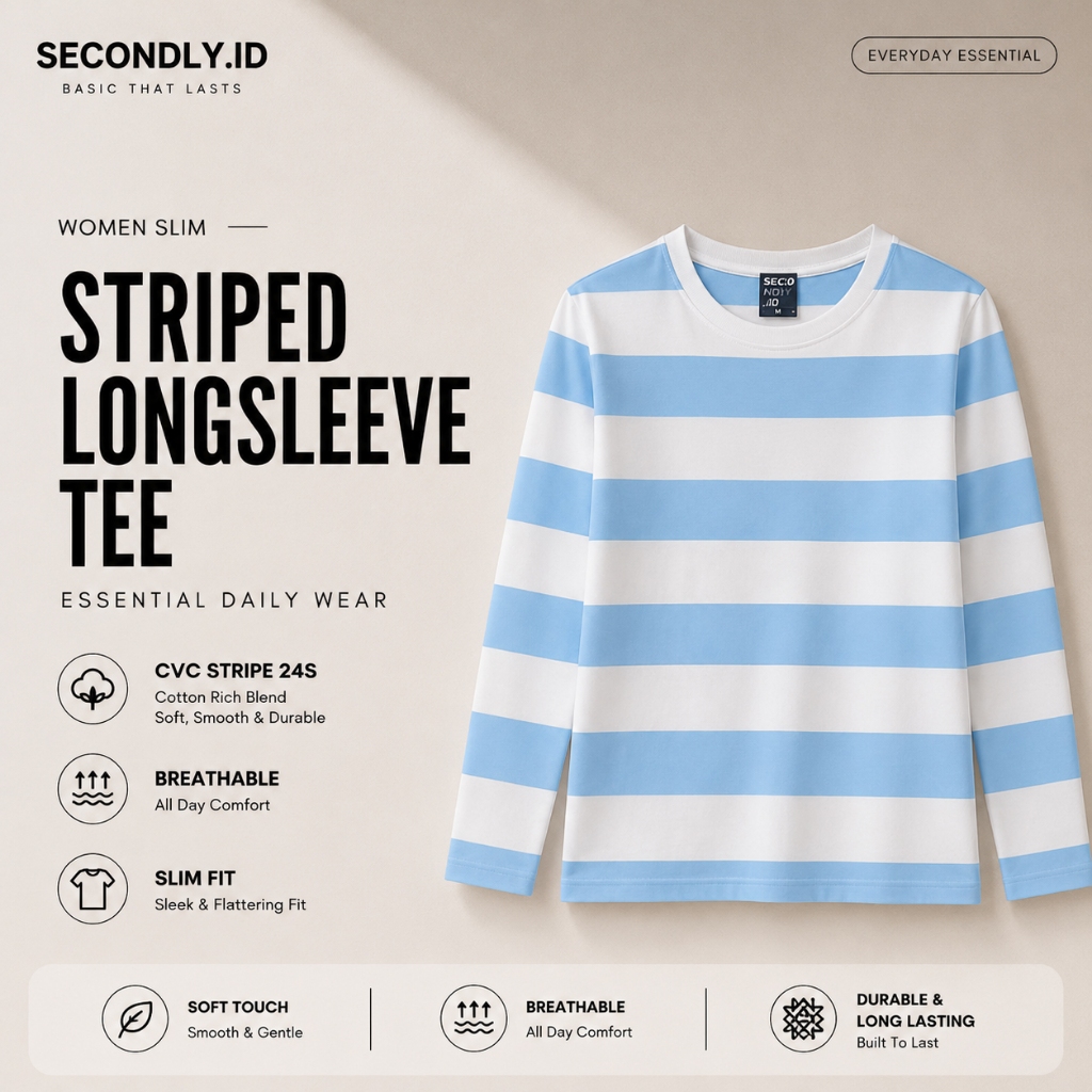 Jual SECONDLY.ID Kaos Salur Lengan Panjang Wanita Tshirt Women Stripe ...