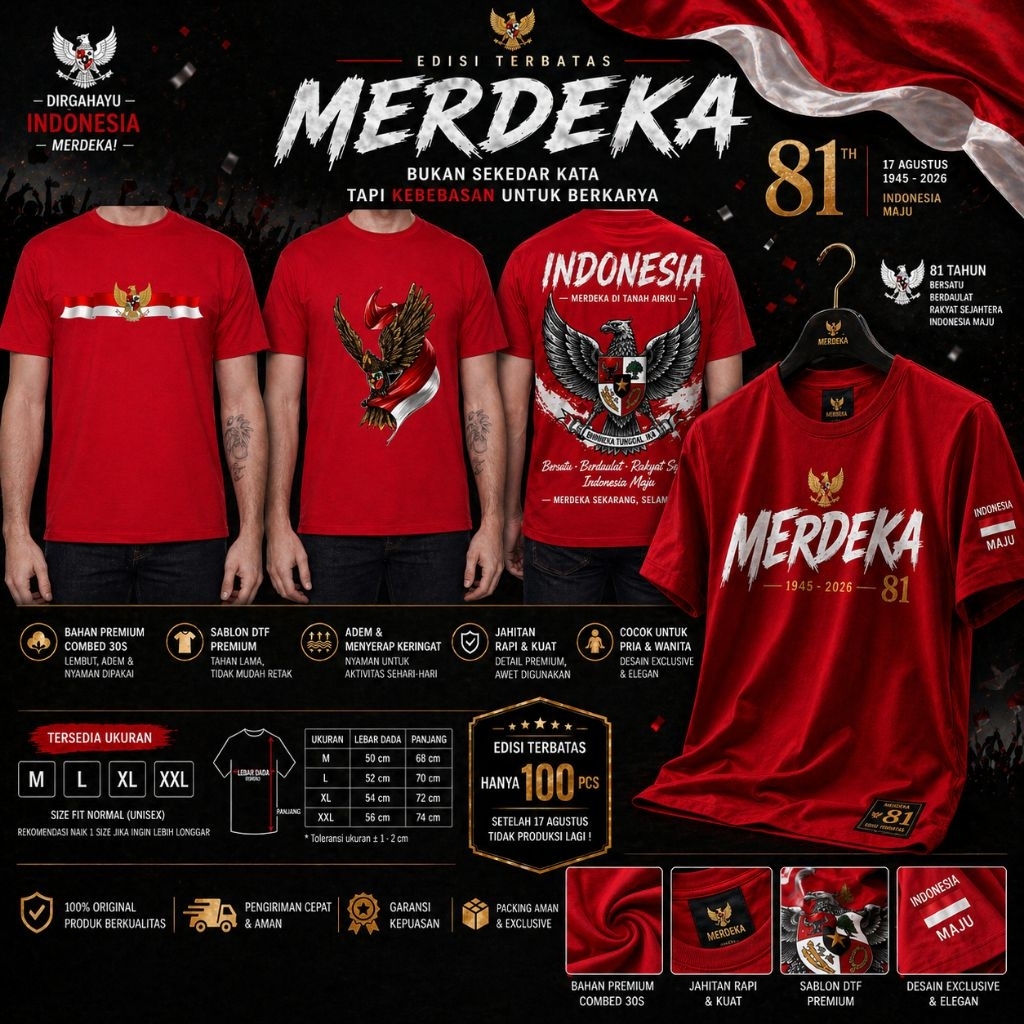 Kaos 17 Agustus 2026 HUT RI 81 Unisex Pria Wanita Cotton Combed DTF Premium