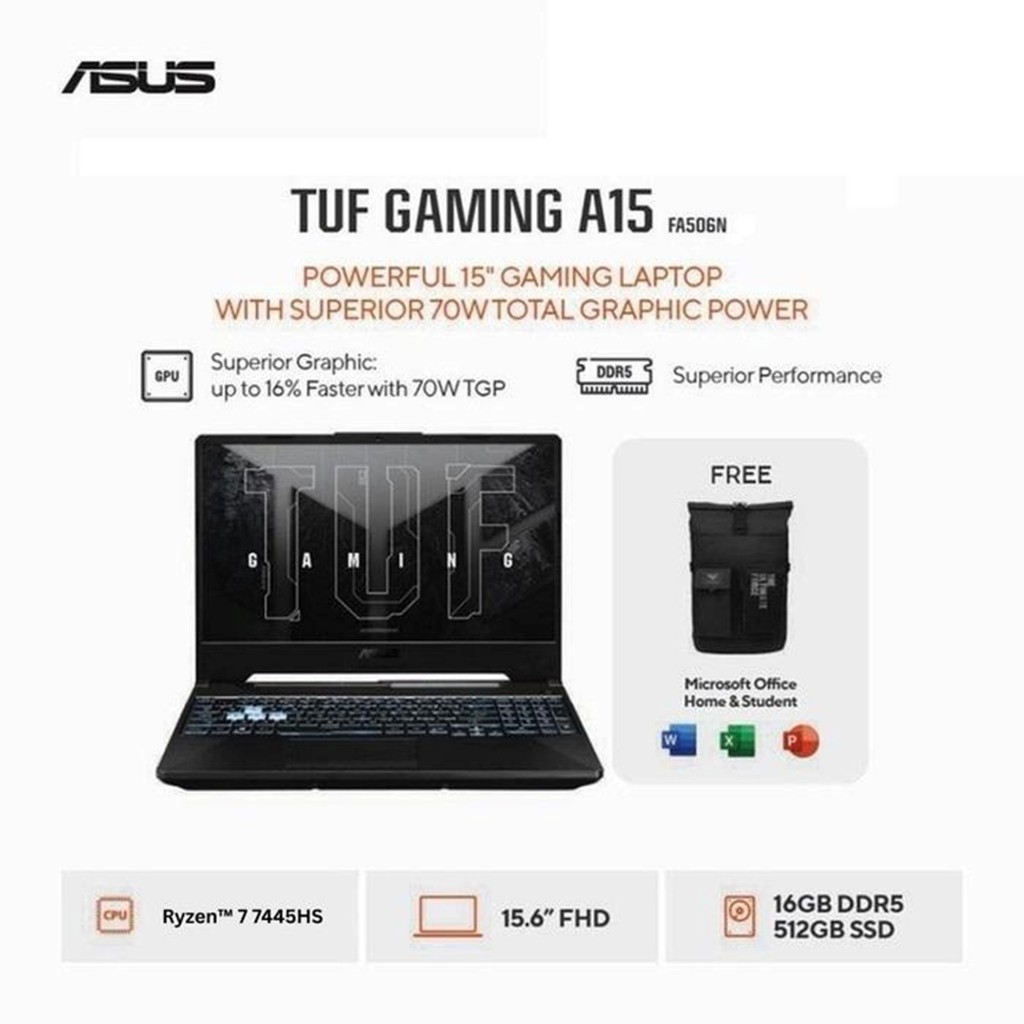 Asus TUF Gaming A15 FA506NCG-R735B6T-HM AMD Ryzen 7-7445HS RTX3050 16GB 512GB 15.6" FHD 144Hz W11 - RAM 16GB