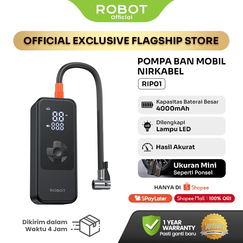 ROBOT Pompa Ban Elektrik Mobil/Truk/Motor/Bola Inflator Air Pump Portable Mini 4000mAh LED Display Tekanan 150 PSI Pompa Multifungsi Akurat RIP01 Original - Garansi 1 Tahun