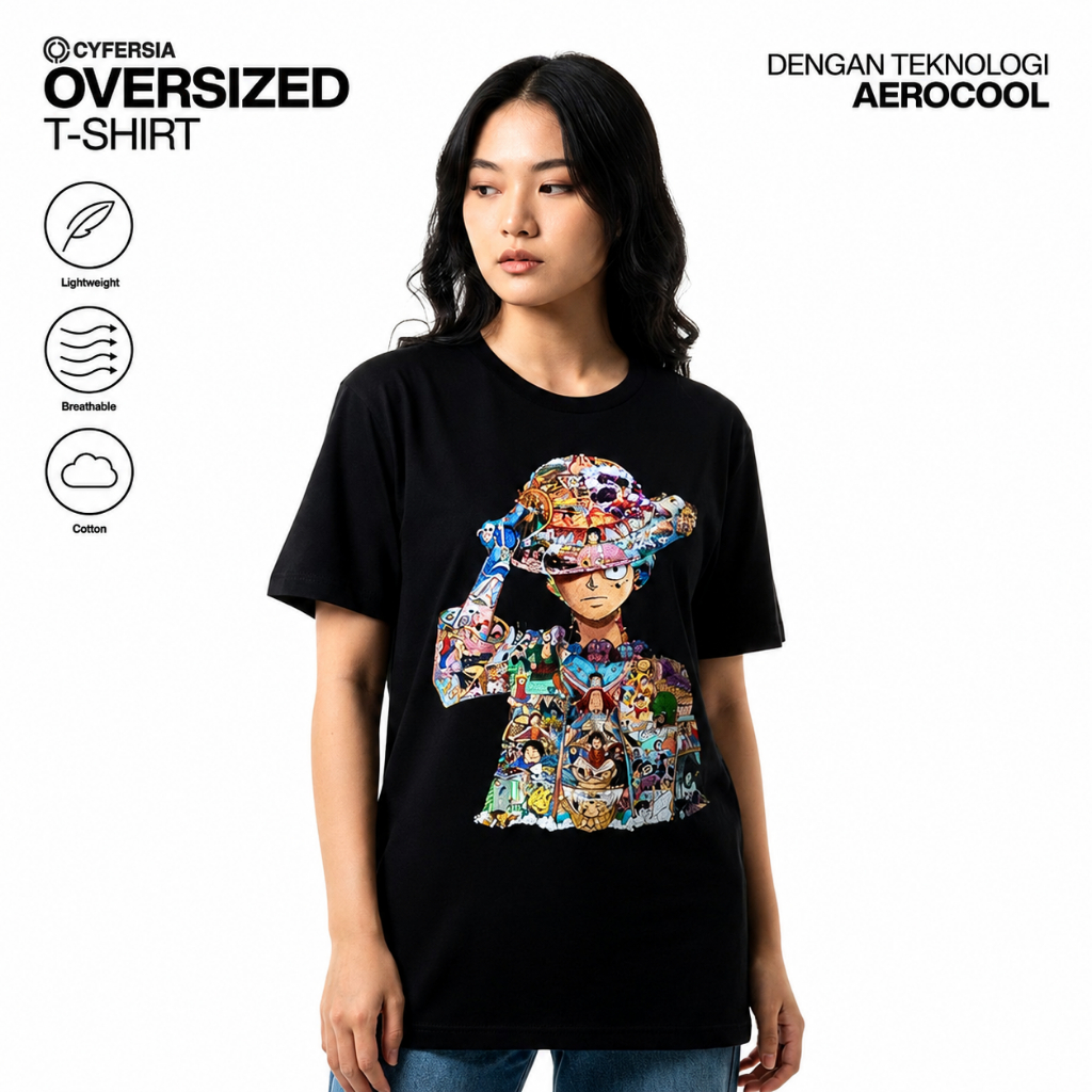 Cyfersia Kaos Distro Anime One Piece Luffy 8D Katun Combed Lengan Pendek