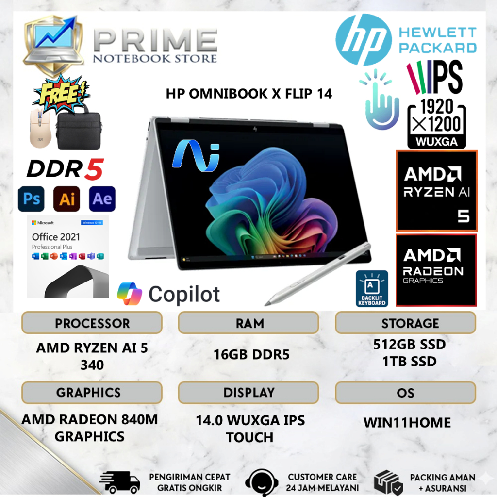 Jual HP OMNIBOOK X FLIP 14 AMD RYZEN AI 5 340 16GB DDR5 1TB SSD 14 ...