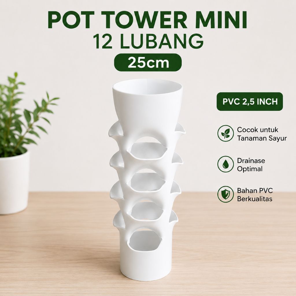 Pot Tower Mini 12 Lubang 25cm PVC 2,5 Inch – Vertical Garden Tanaman Sayur Hidroponik & Media Tanah