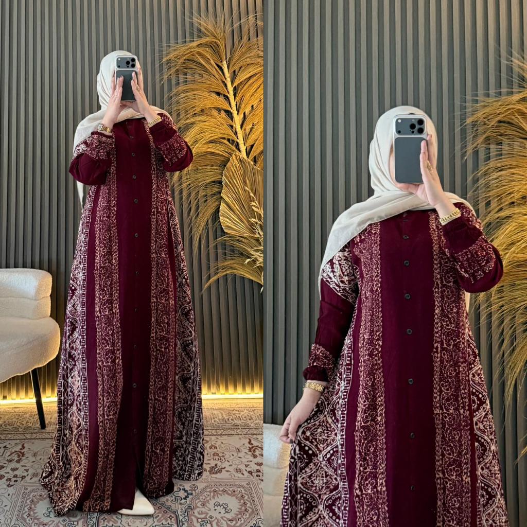 NEW EXCLUSIVE REMAR BATIK OFFICIAL - Gamis Twill Ori Premium Model Tali Samping Cap Malaman Full Motif Depan Belakang Full Kancing Lengan Karet Busui Wudhu Friendly