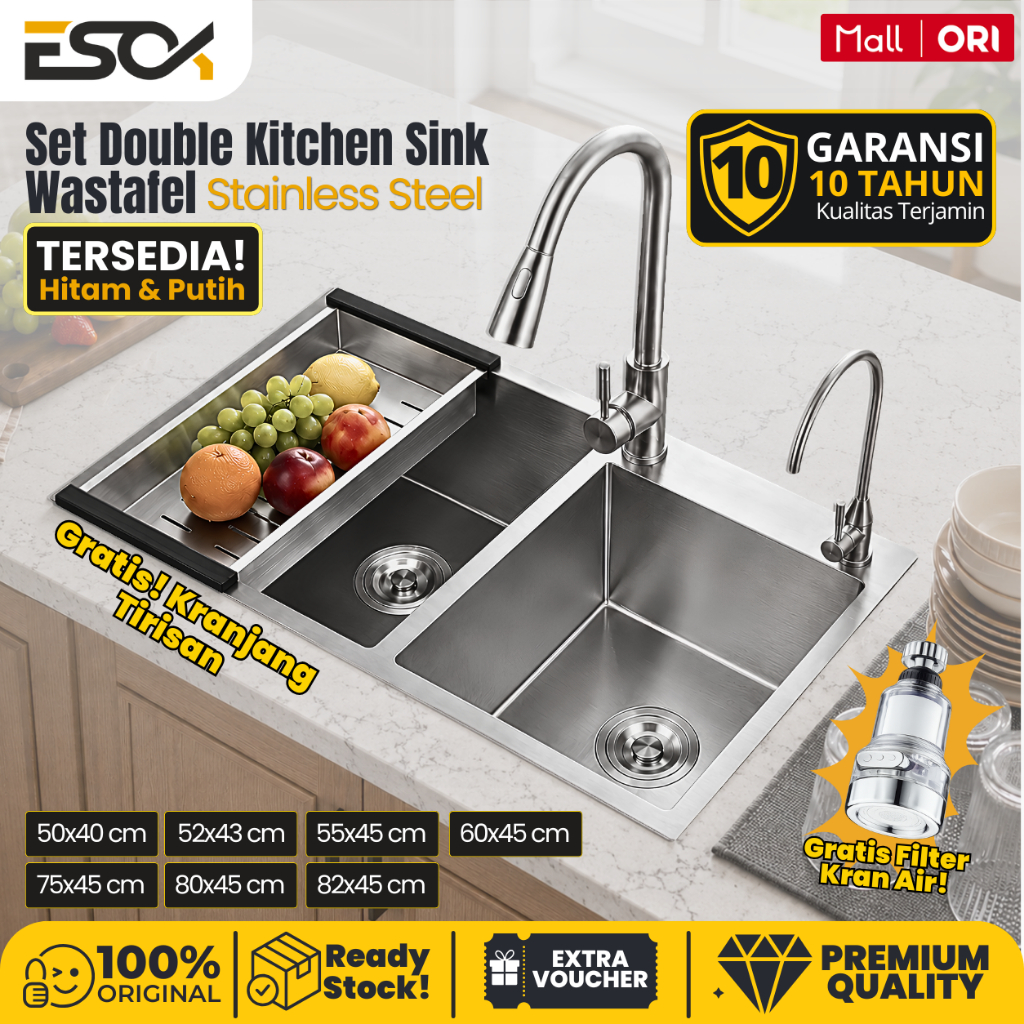 ESOK Set Kitchen Sink Wastafel Bak Cuci Piring double Dengan Kran Fleksibel Stainless Steel
